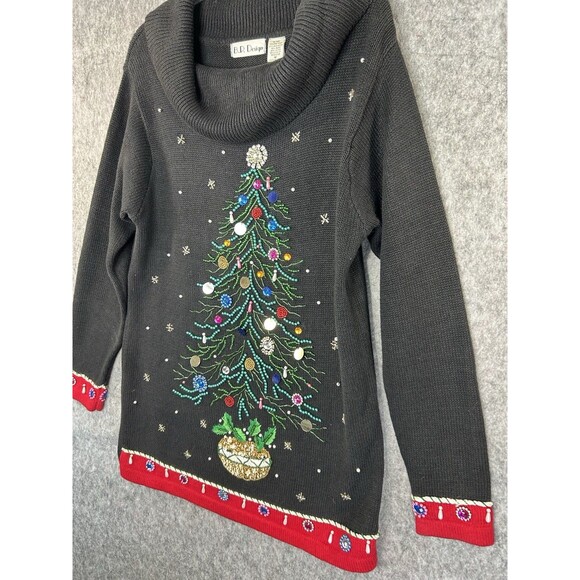 Vintage Christmas Sweater Women's M Beaded Jeweled Tree Cowl Neck BP Design - Picture 2 of 11